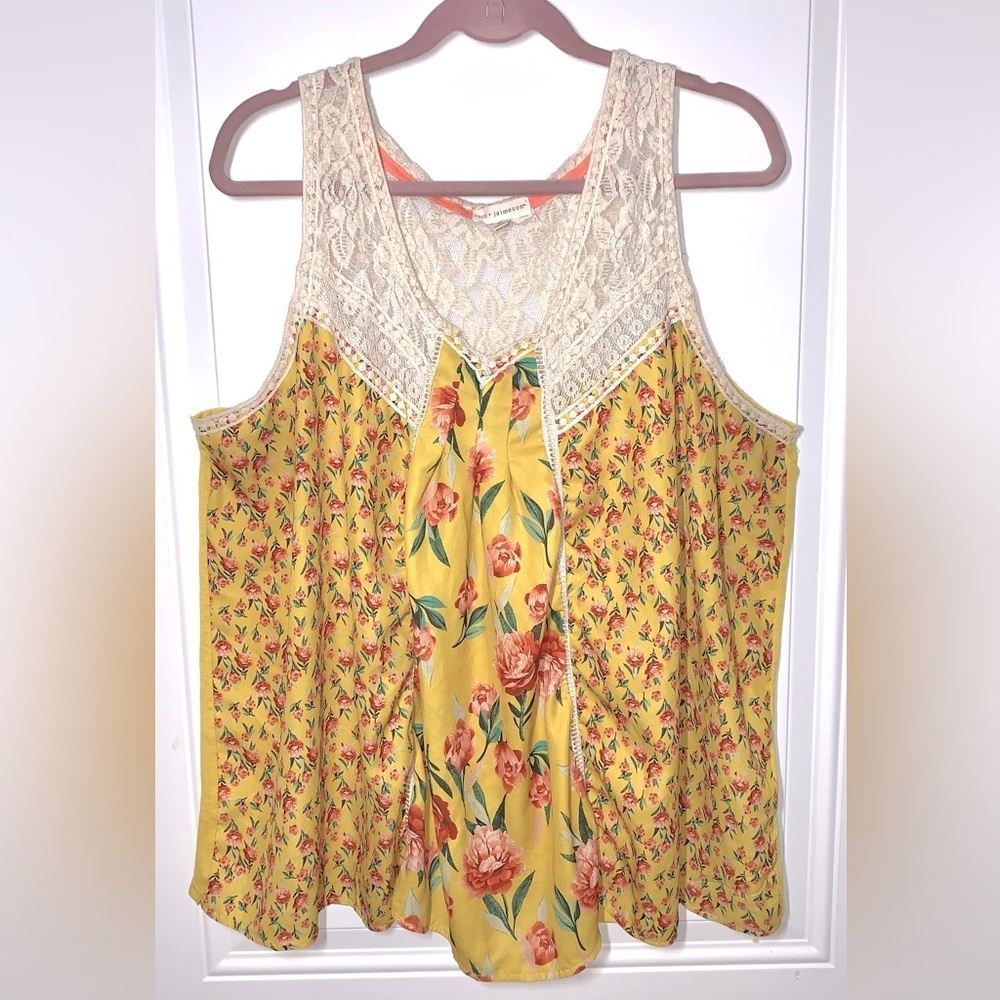 Coco & Jaimeson mustard floral Sleeveless crochet Blouse 3X